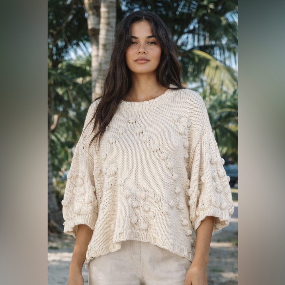 Sabo Cream Chunky Knit Pom Pom Sweater Poncho Oversized Small Boho Cozy